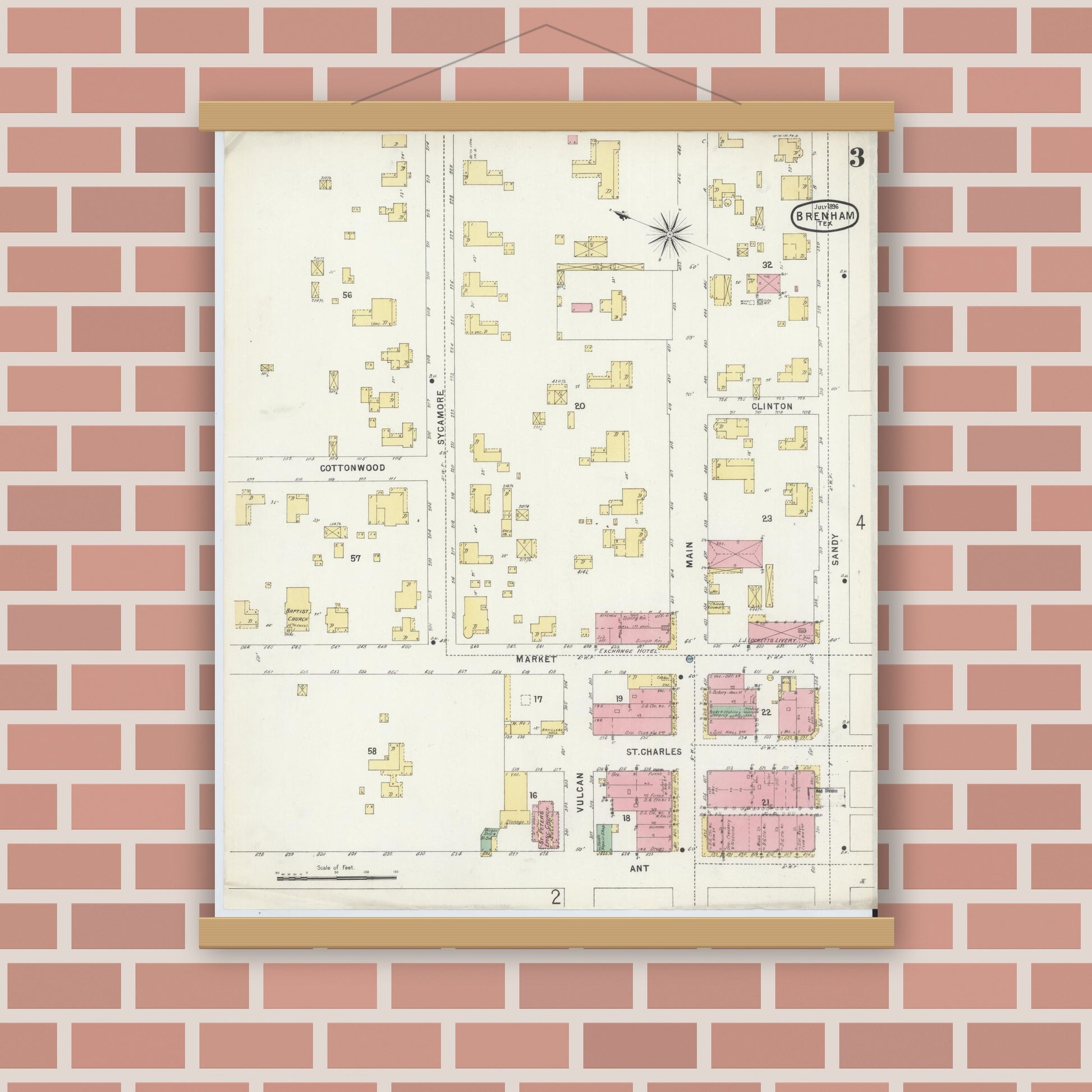 Old map wall art mockup — magnetic wood frame on brick wall — Sanborn Fire Insurance Map from Brenham, Washington County, Texas (1896), Sheet #0003