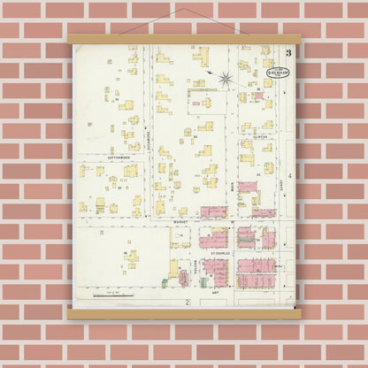 Old map wall art mockup — magnetic wood frame on brick wall — Sanborn Fire Insurance Map from Brenham, Washington County, Texas (1896), Sheet #0003