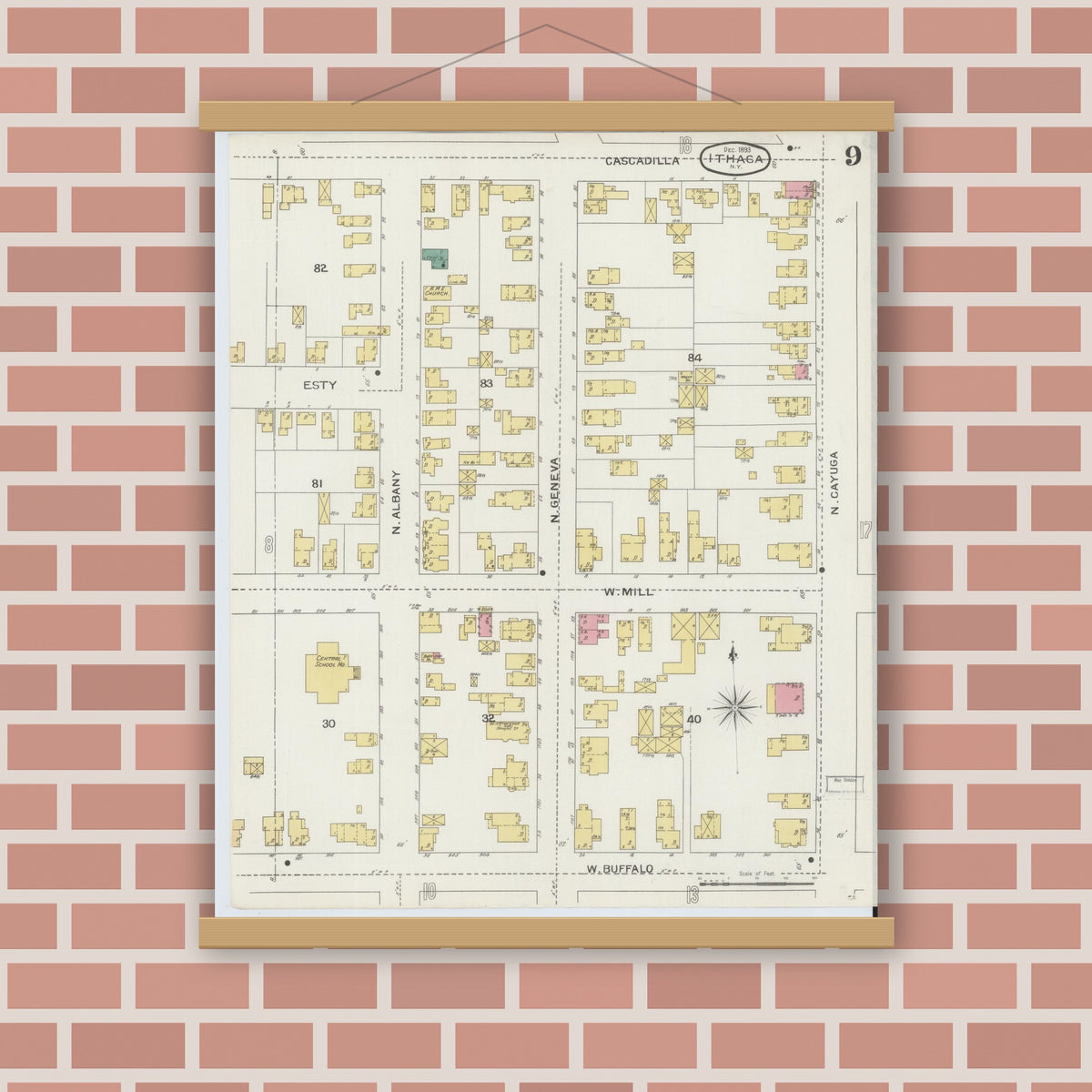 Old map wall art mockup — magnetic wood frame on brick wall — Sanborn Fire Insurance Map from Ithaca, Tompkins County, New York (1893), Sheet #0009