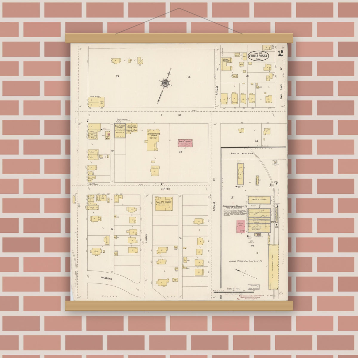 Old map wall art mockup — magnetic wood frame on brick wall — Sanborn Fire Insurance Map from Chula Vista, San Diego County, California (1918), Sheet #0002