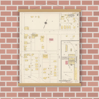 Old map wall art mockup — magnetic wood frame on brick wall — Sanborn Fire Insurance Map from Chula Vista, San Diego County, California (1918), Sheet #0002