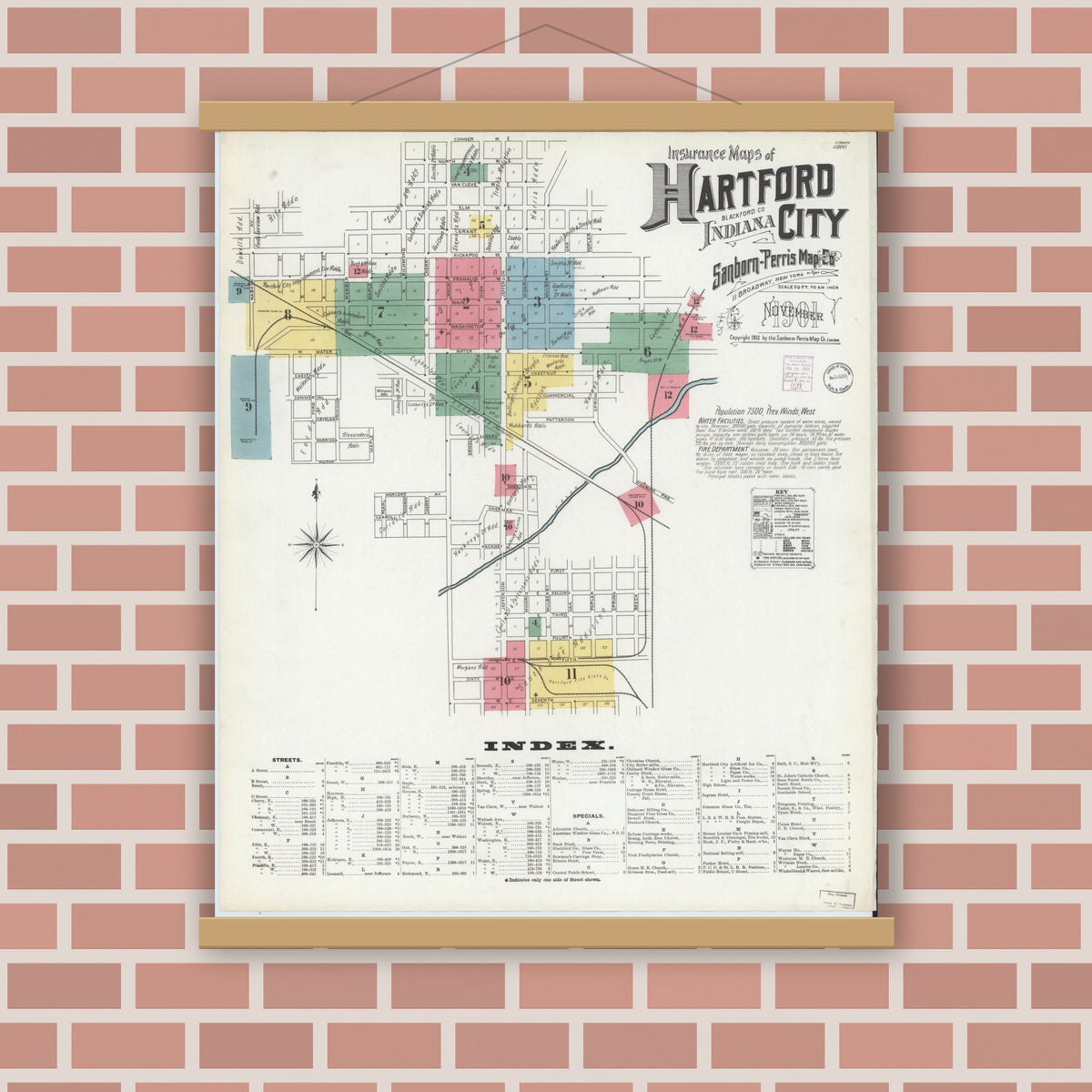 Old map wall art mockup — magnetic wood frame on brick wall — Sanborn Fire Insurance Map from Hartford City, Blackford County, Indiana (1901), Sheet #0001