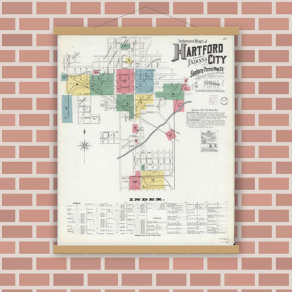 Old map wall art mockup — magnetic wood frame on brick wall — Sanborn Fire Insurance Map from Hartford City, Blackford County, Indiana (1901), Sheet #0001
