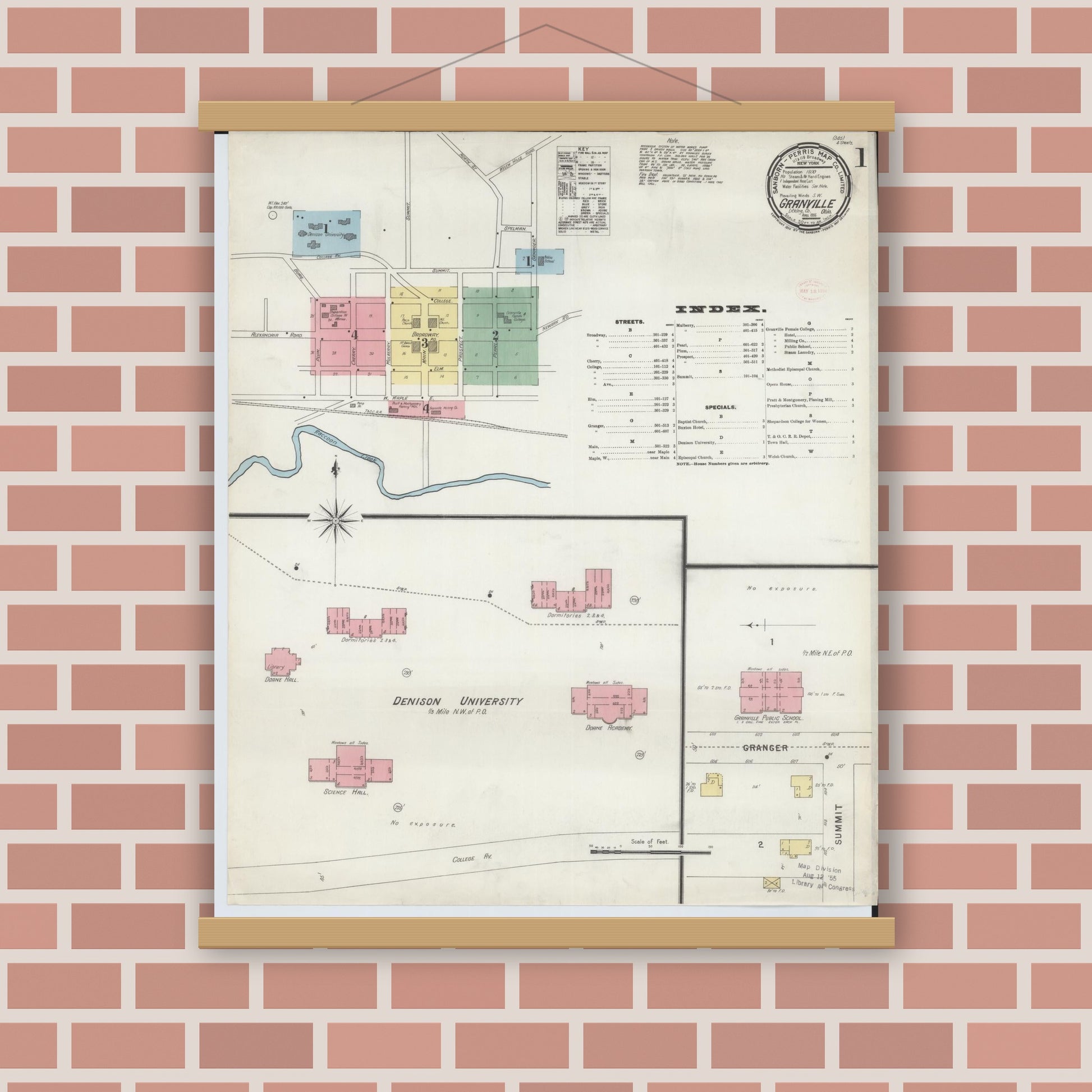 Old map wall art mockup — magnetic wood frame on brick wall — Sanborn Fire Insurance Map from Granville, Licking County, Ohio (1896) - Complete Map Set