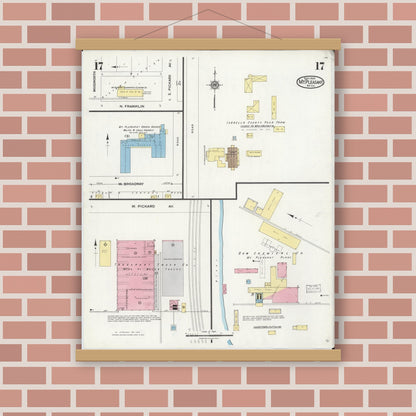 Old map wall art mockup — magnetic wood frame on brick wall — Sanborn Fire Insurance Map from Mount Pleasant, Isabella County, Michigan (1924), Sheet #0017