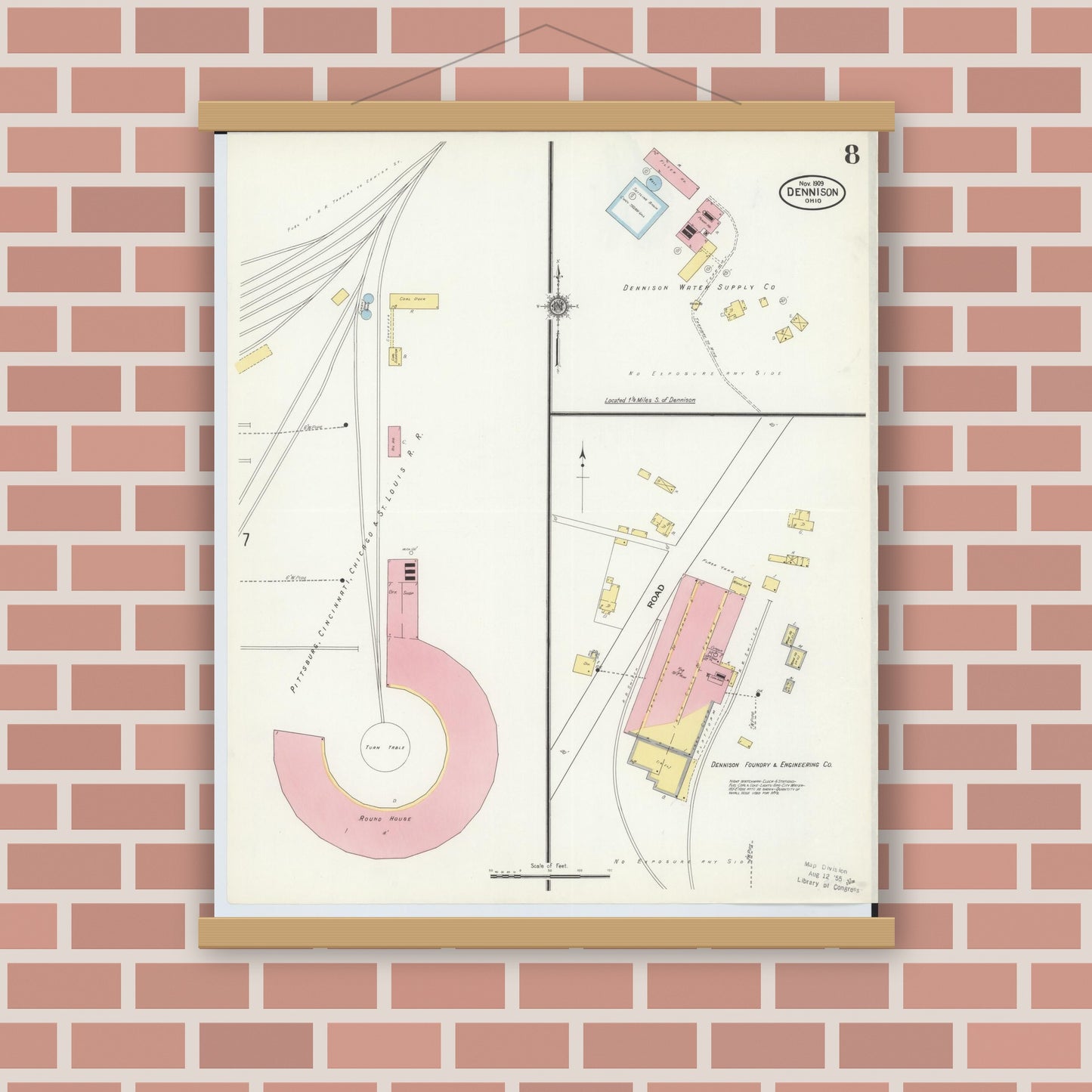 Old map wall art mockup — magnetic wood frame on brick wall — Sanborn Fire Insurance Map from Dennison, Tuscarawas County, Ohio (1909), Sheet #0008