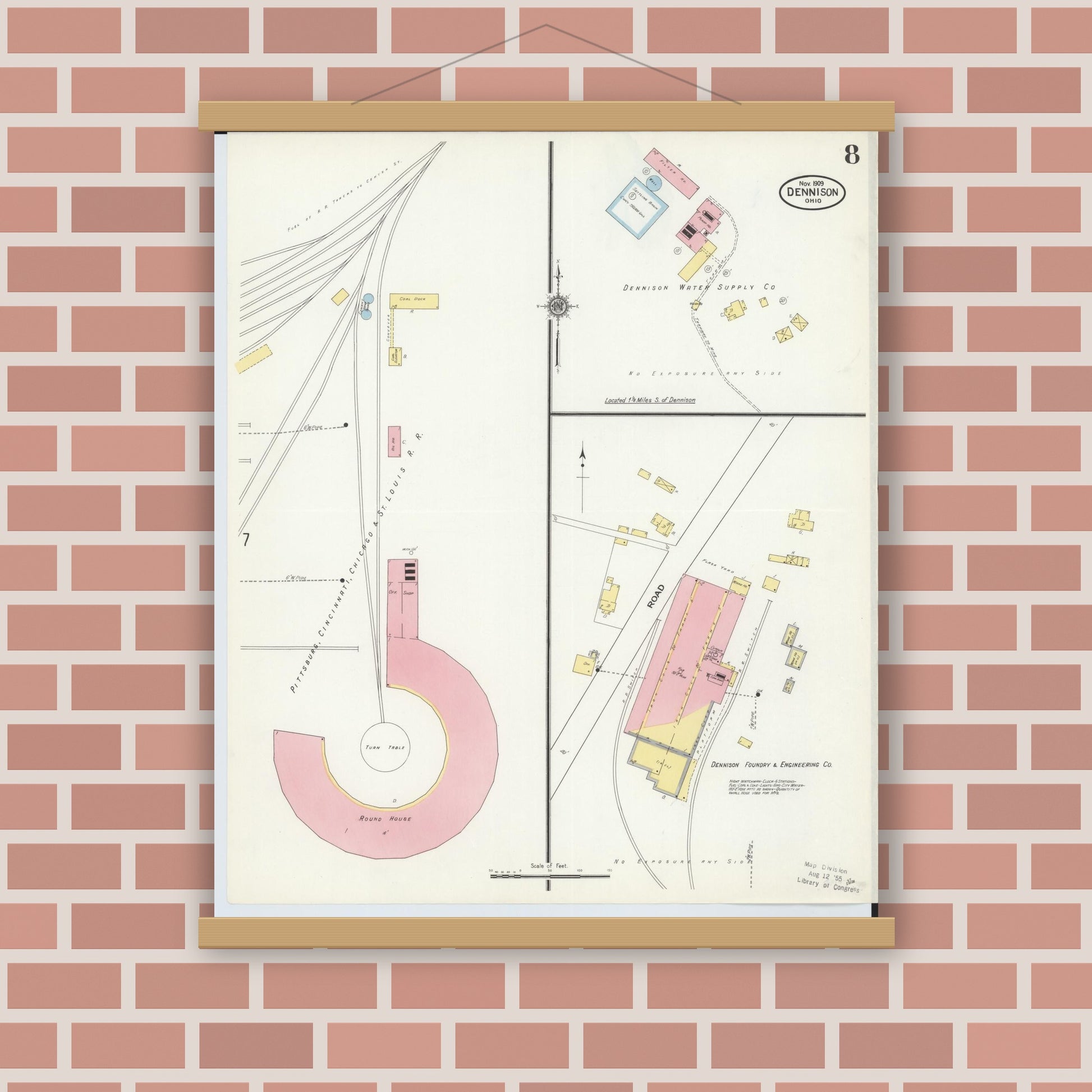 Old map wall art mockup — magnetic wood frame on brick wall — Sanborn Fire Insurance Map from Dennison, Tuscarawas County, Ohio (1909), Sheet #0008