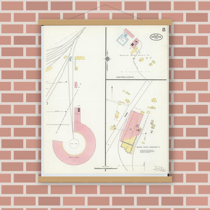 Old map wall art mockup — magnetic wood frame on brick wall — Sanborn Fire Insurance Map from Dennison, Tuscarawas County, Ohio (1909), Sheet #0008
