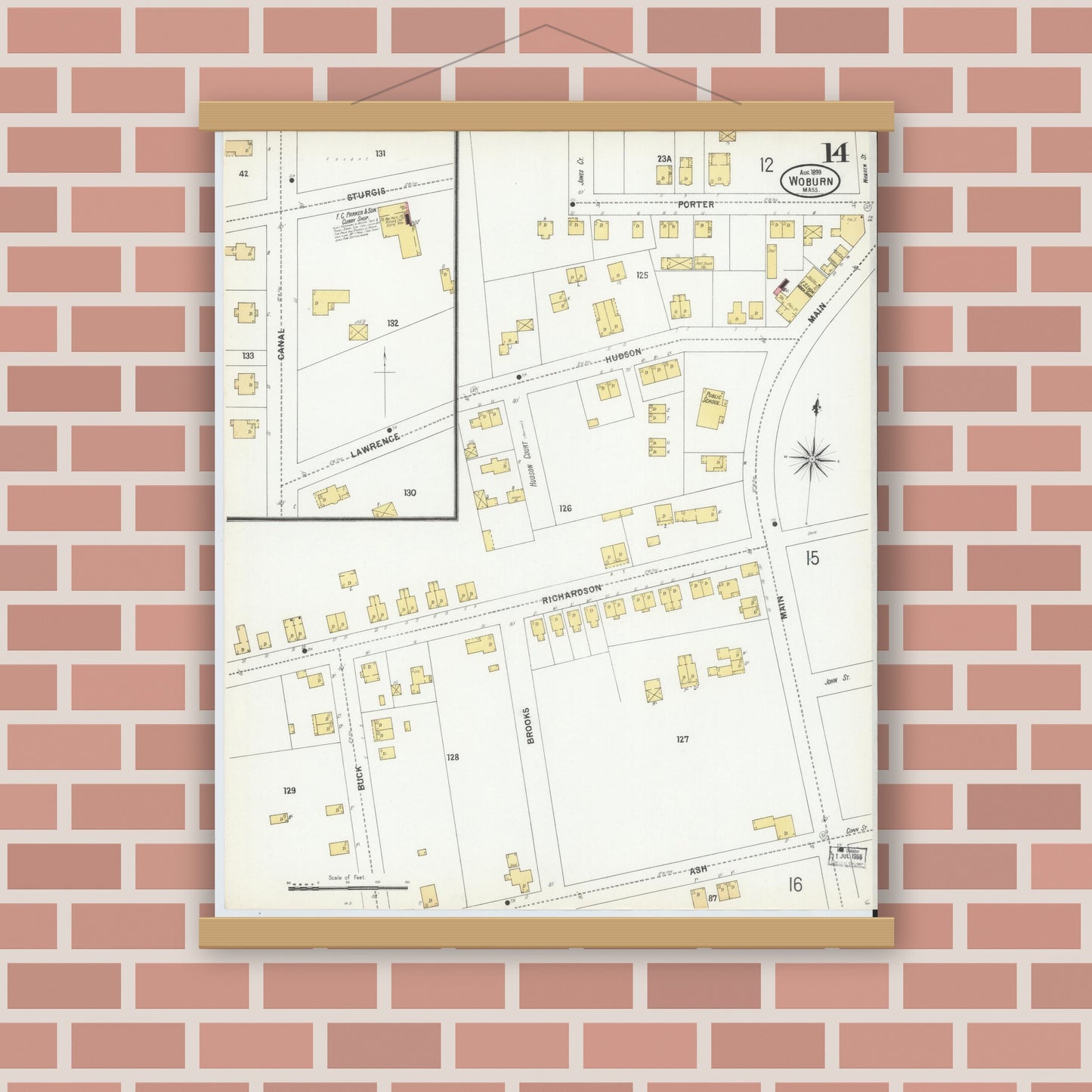 Old map wall art mockup — magnetic wood frame on brick wall — Sanborn Fire Insurance Map from Woburn, Middlesex County, Massachusetts (1899), Sheet #0014