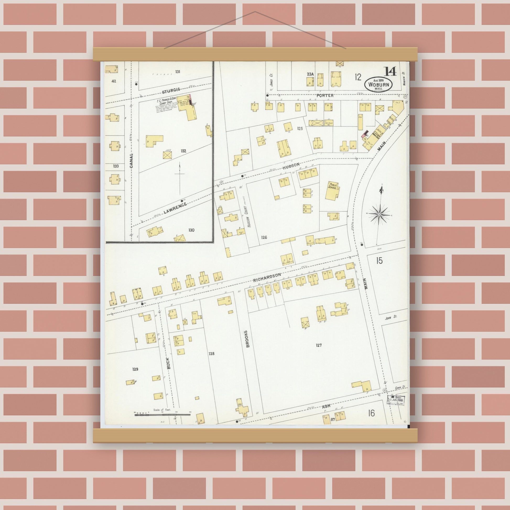Old map wall art mockup — magnetic wood frame on brick wall — Sanborn Fire Insurance Map from Woburn, Middlesex County, Massachusetts (1899), Sheet #0014