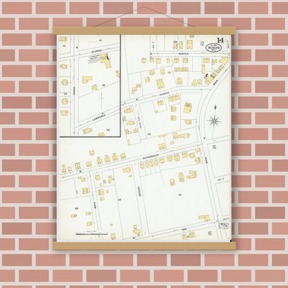 Old map wall art mockup — magnetic wood frame on brick wall — Sanborn Fire Insurance Map from Woburn, Middlesex County, Massachusetts (1899), Sheet #0014