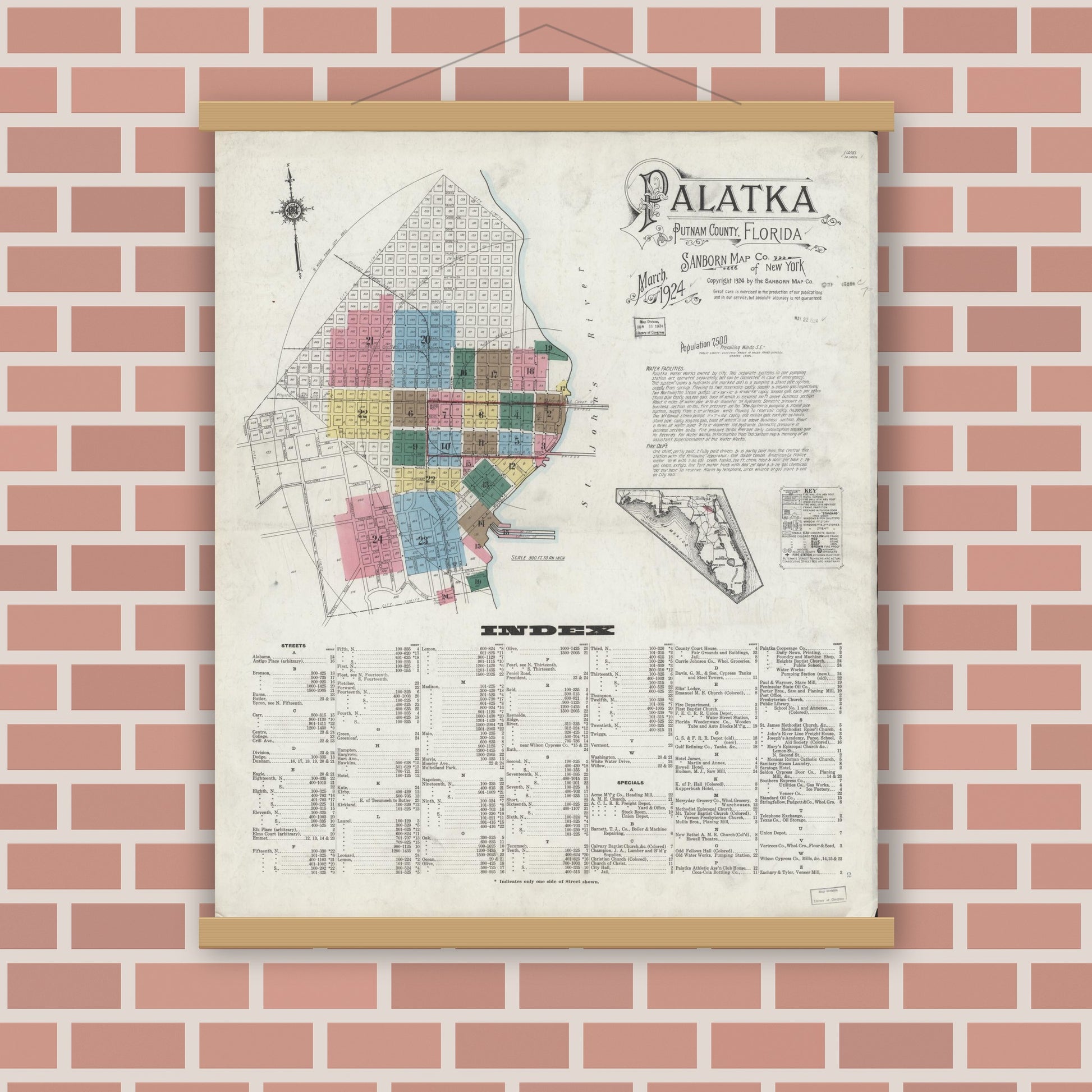 Old map wall art mockup — magnetic wood frame on brick wall — Sanborn Fire Insurance Map from Palatka, Putnam County, Florida (1924) - Complete Map Set