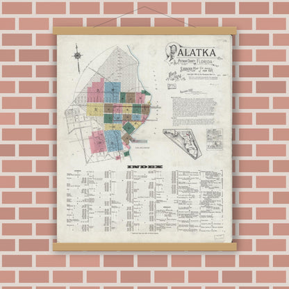 Old map wall art mockup — magnetic wood frame on brick wall — Sanborn Fire Insurance Map from Palatka, Putnam County, Florida (1924) - Complete Map Set
