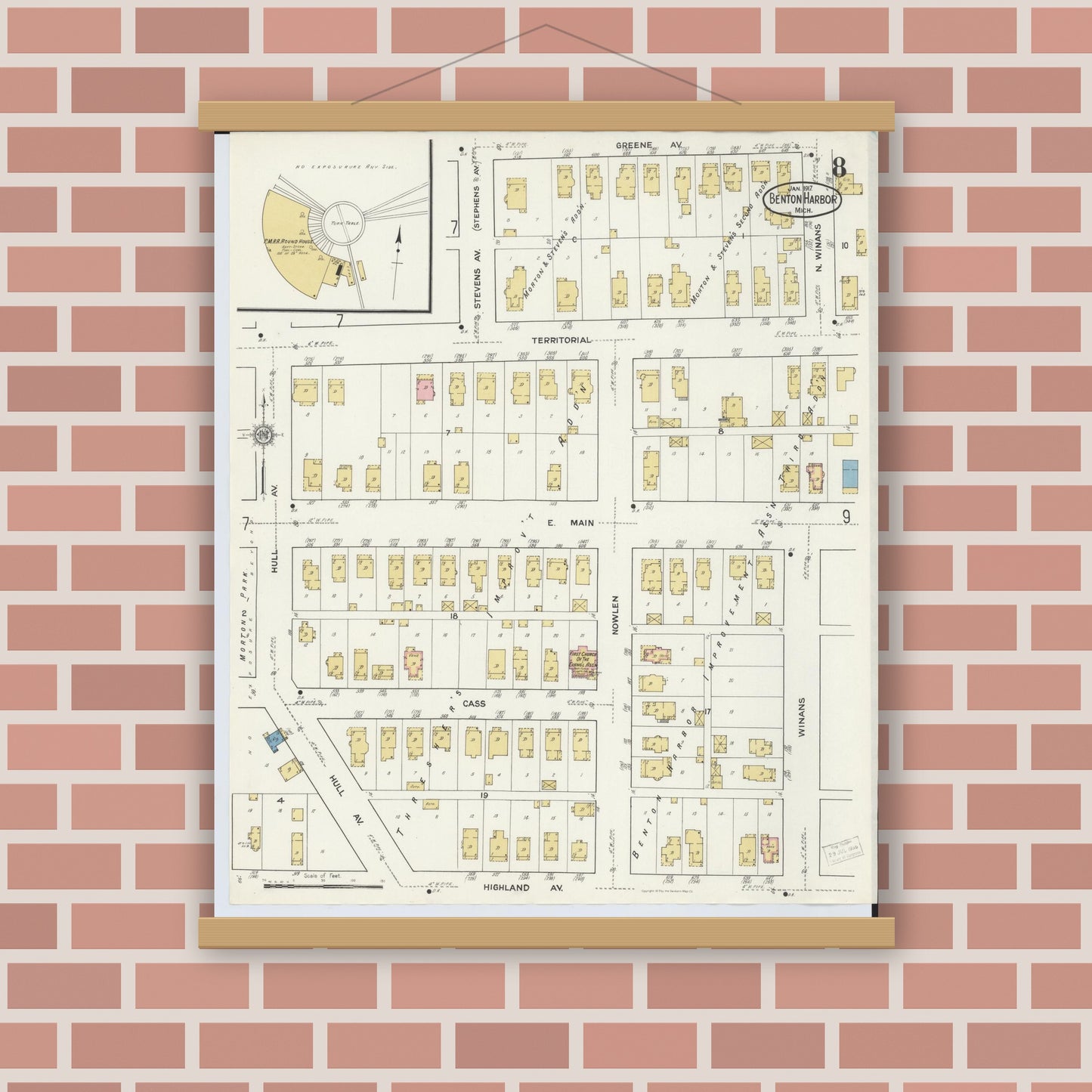 Old map wall art mockup — magnetic wood frame on brick wall — Sanborn Fire Insurance Map from Benton Harbor, Berrien County, Michigan (1917), Sheet #0008