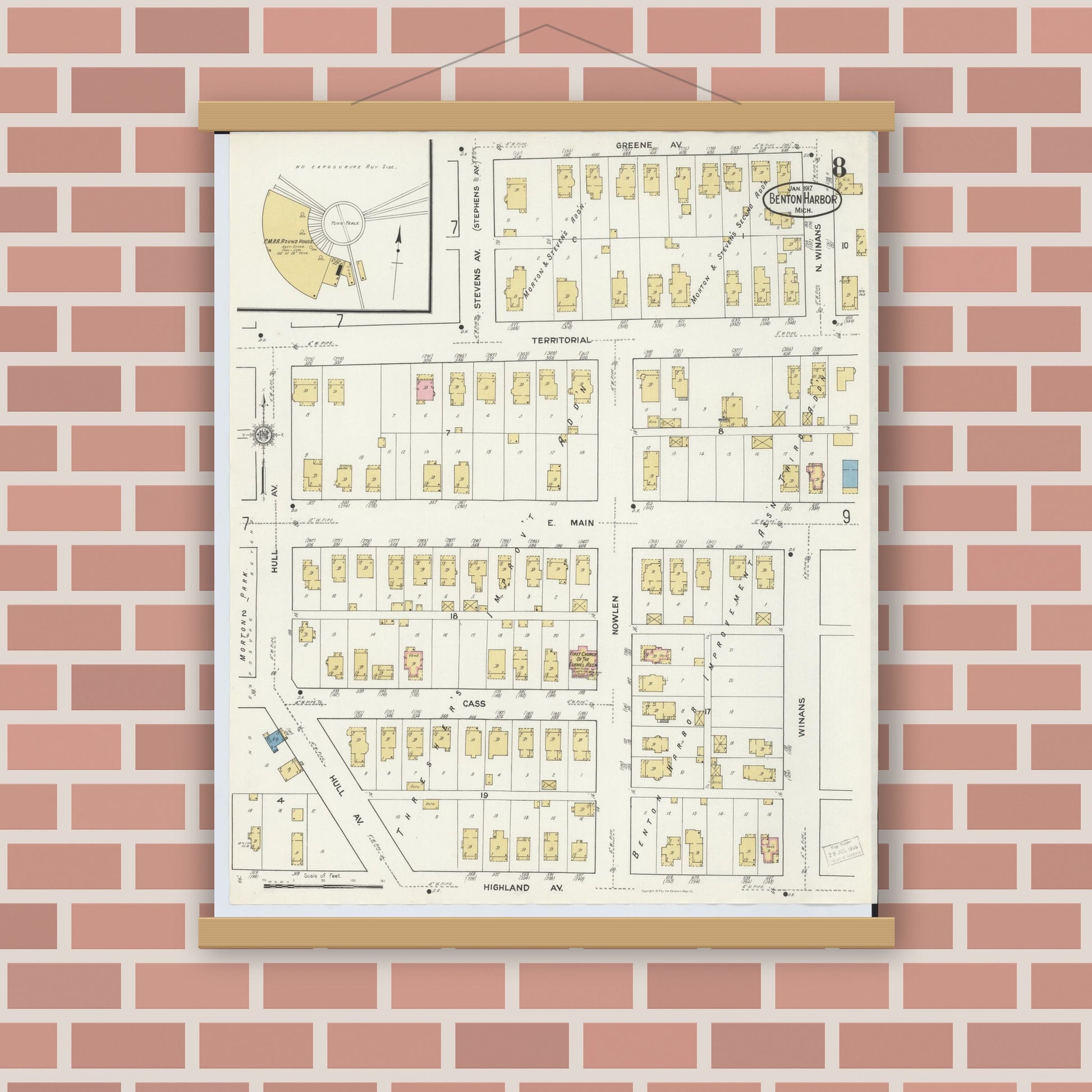 Old map wall art mockup — magnetic wood frame on brick wall — Sanborn Fire Insurance Map from Benton Harbor, Berrien County, Michigan (1917), Sheet #0008