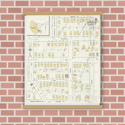 Old map wall art mockup — magnetic wood frame on brick wall — Sanborn Fire Insurance Map from Benton Harbor, Berrien County, Michigan (1917), Sheet #0008