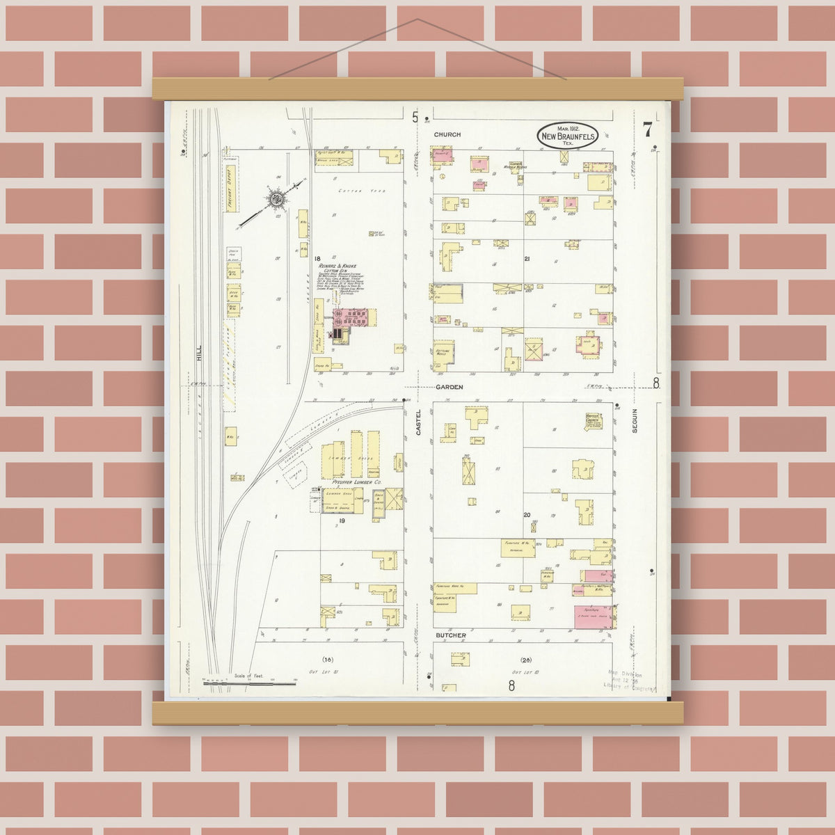 Old map wall art mockup — magnetic wood frame on brick wall — Sanborn Fire Insurance Map from New Braunfels, Comal County, Texas (1912), Sheet #0007