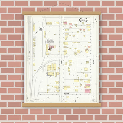 Old map wall art mockup — magnetic wood frame on brick wall — Sanborn Fire Insurance Map from New Braunfels, Comal County, Texas (1912), Sheet #0007