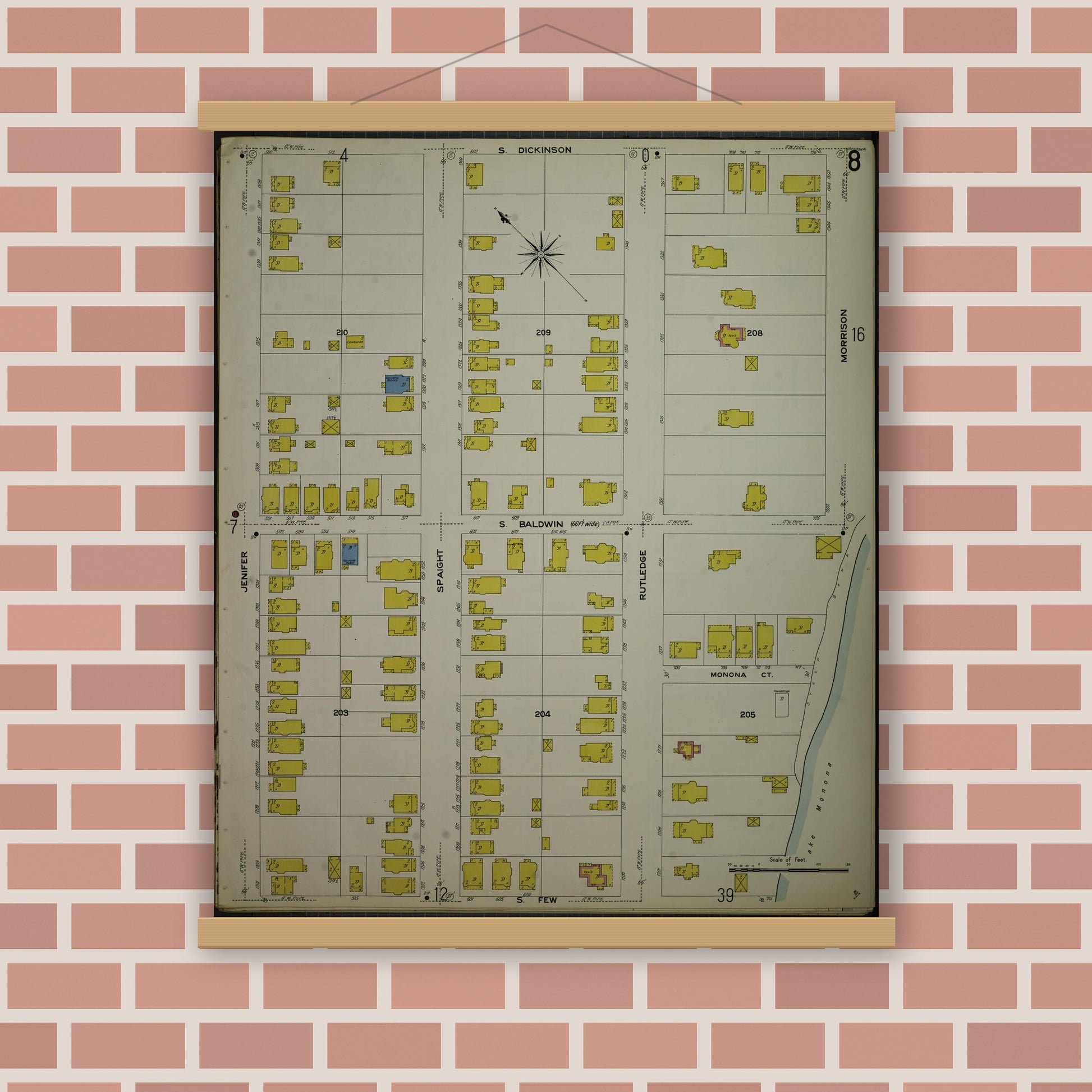 Old map wall art mockup — magnetic wood frame on brick wall — Sanborn Fire Insurance Map from Madison, Dane County, Wisconsin (1908), Sheet #0008