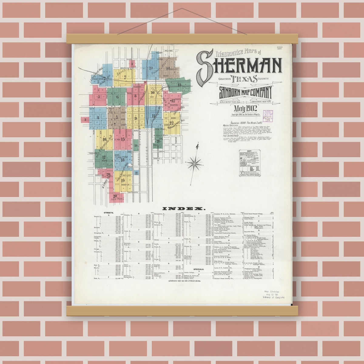 Old map wall art mockup — magnetic wood frame on brick wall — Sanborn Fire Insurance Map from Sherman, Grayson County, Texas (1902) - Complete Map Set