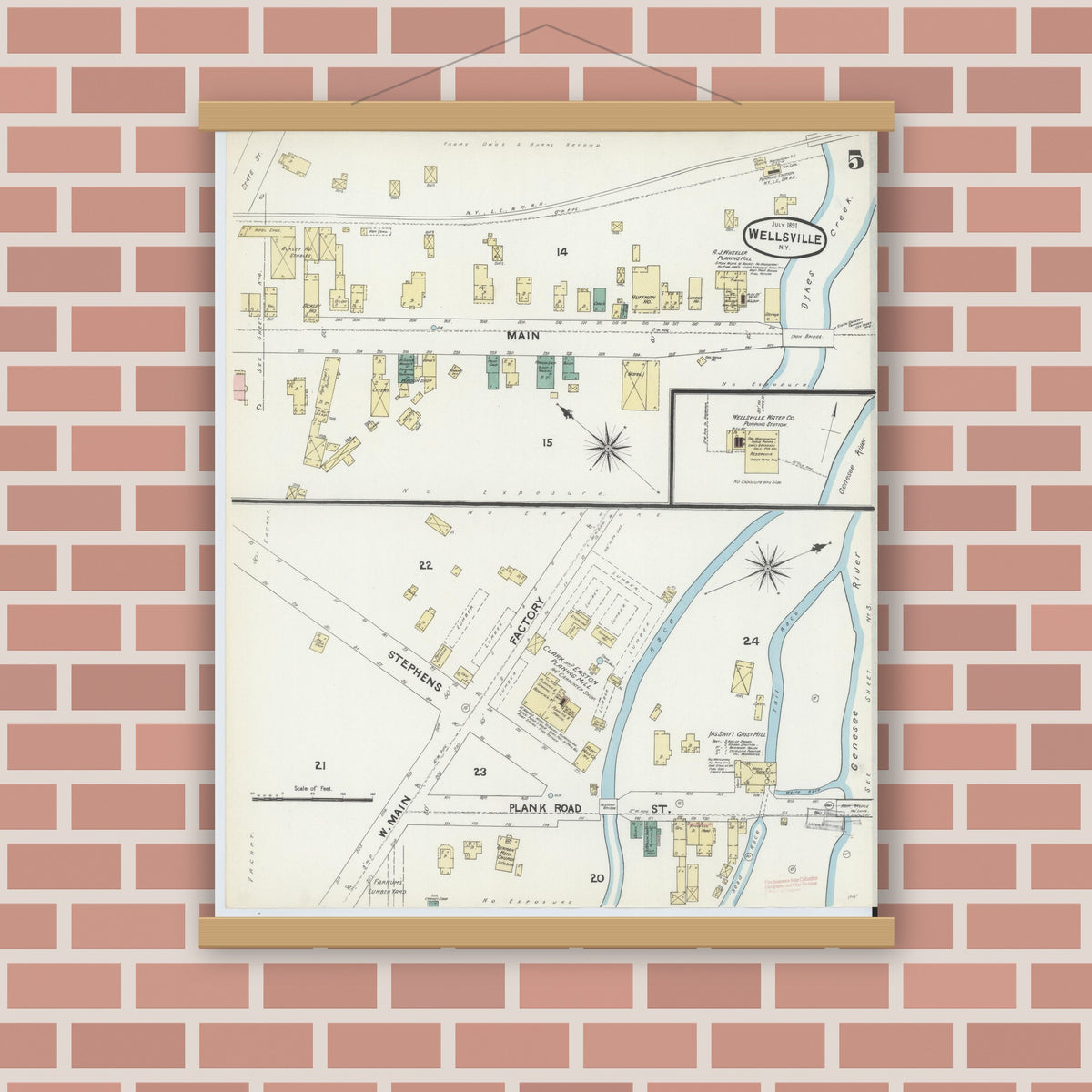 Old map wall art mockup — magnetic wood frame on brick wall — Sanborn Fire Insurance Map from Wellsville, Allegany County, New York (1891), Sheet #0005