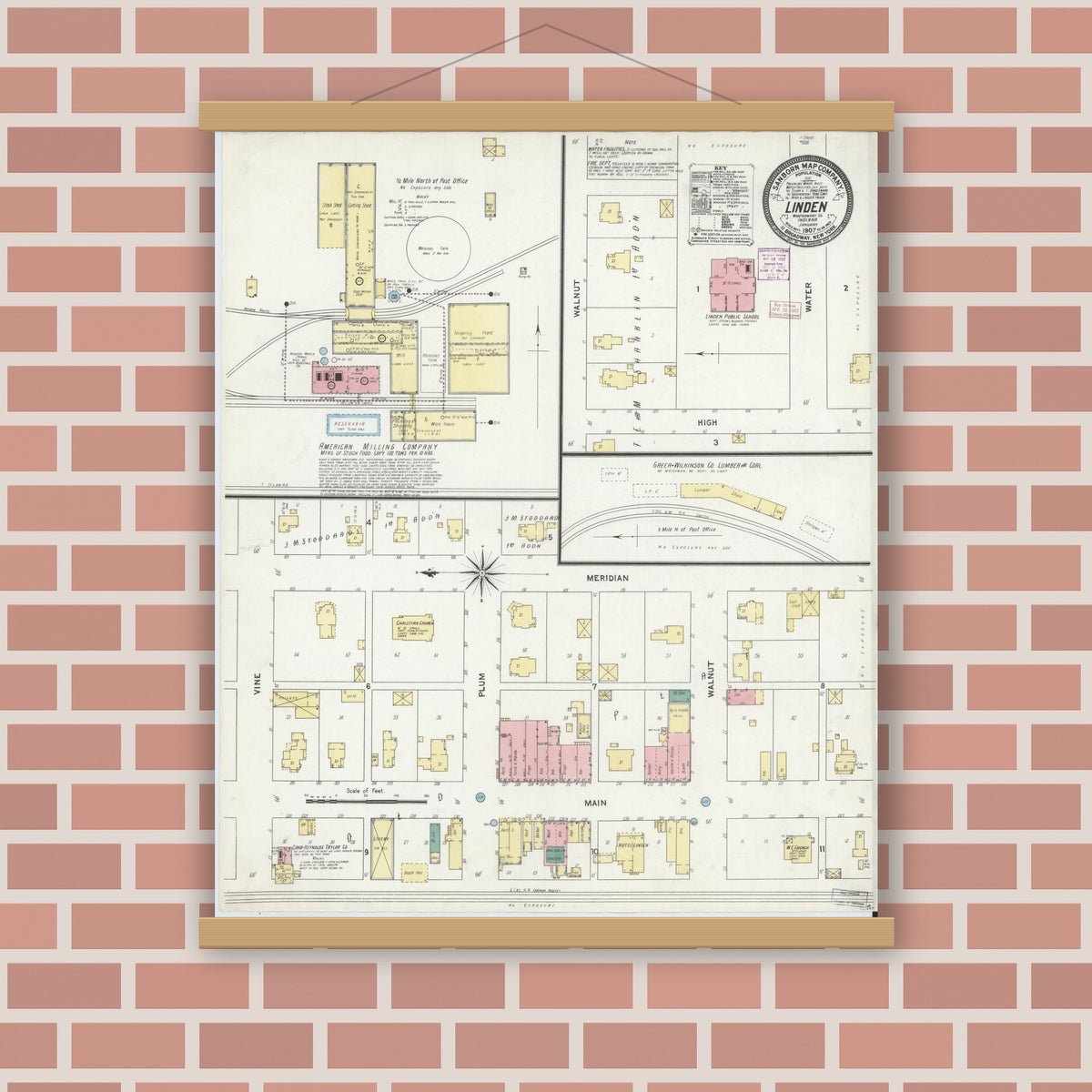 Old map wall art mockup — magnetic wood frame on brick wall — Sanborn Fire Insurance Map from Linden, Montgomery County, Indiana (1907), Sheet #0001