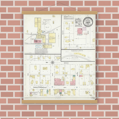 Old map wall art mockup — magnetic wood frame on brick wall — Sanborn Fire Insurance Map from Linden, Montgomery County, Indiana (1907), Sheet #0001