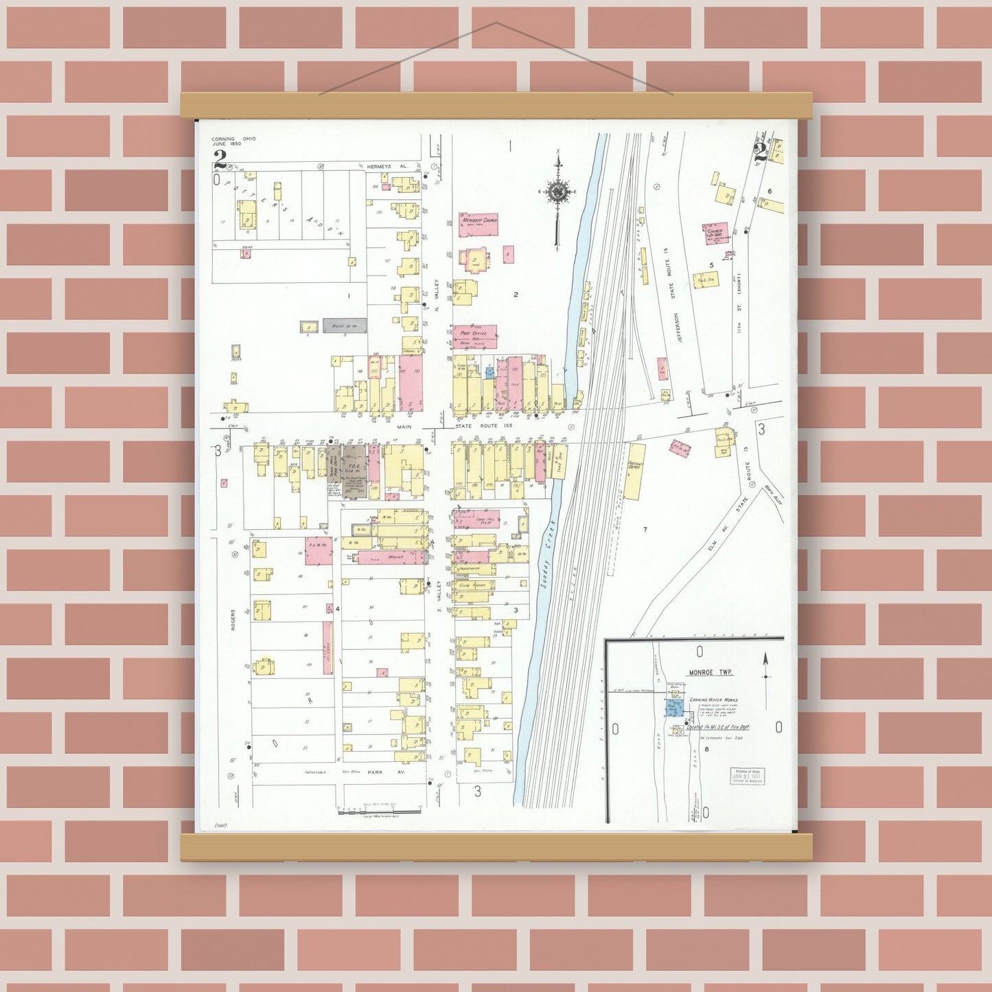 Old map wall art mockup — magnetic wood frame on brick wall — Sanborn Fire Insurance Map from Corning, Perry County, Ohio (1950), Sheet #0002