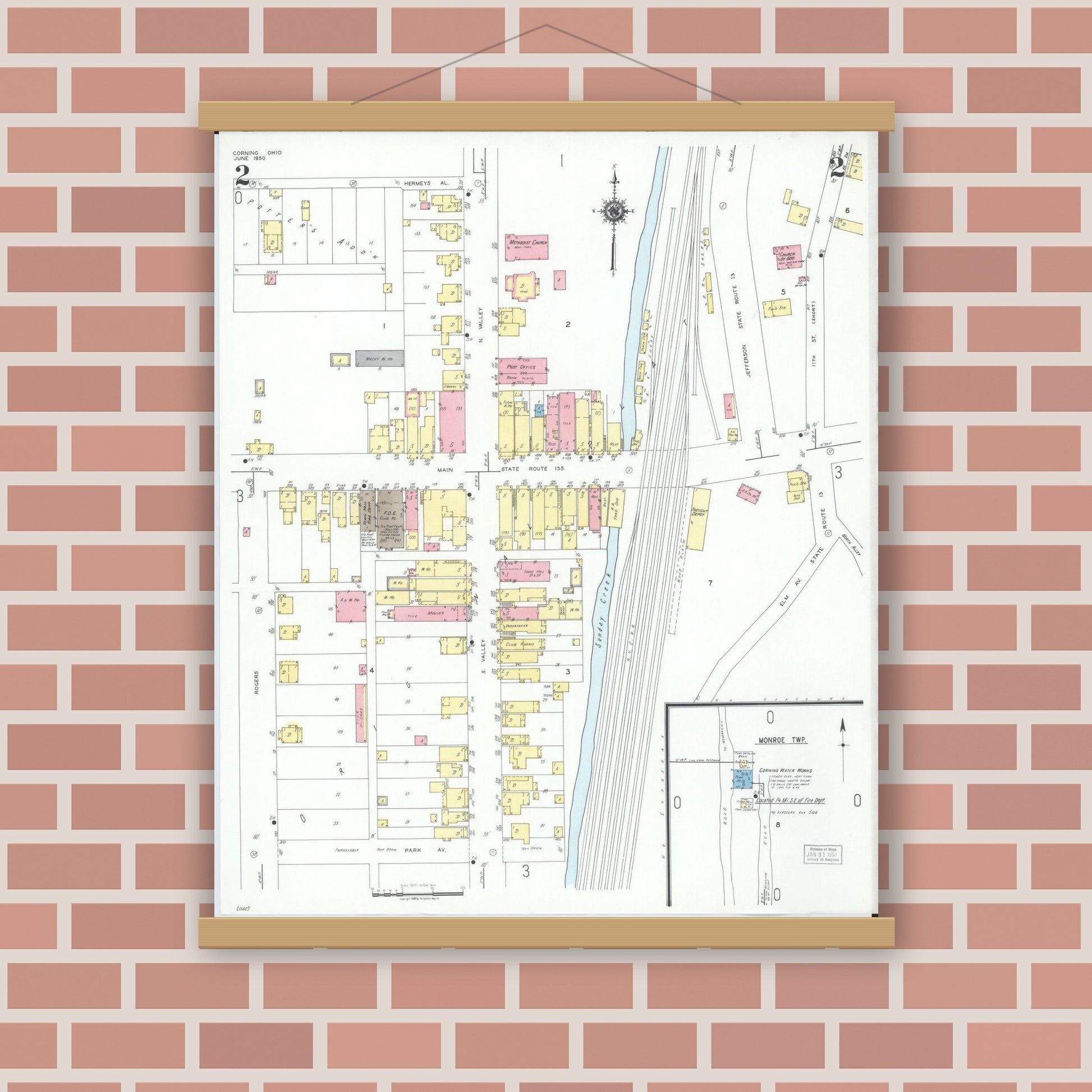 Old map wall art mockup — magnetic wood frame on brick wall — Sanborn Fire Insurance Map from Corning, Perry County, Ohio (1950), Sheet #0002