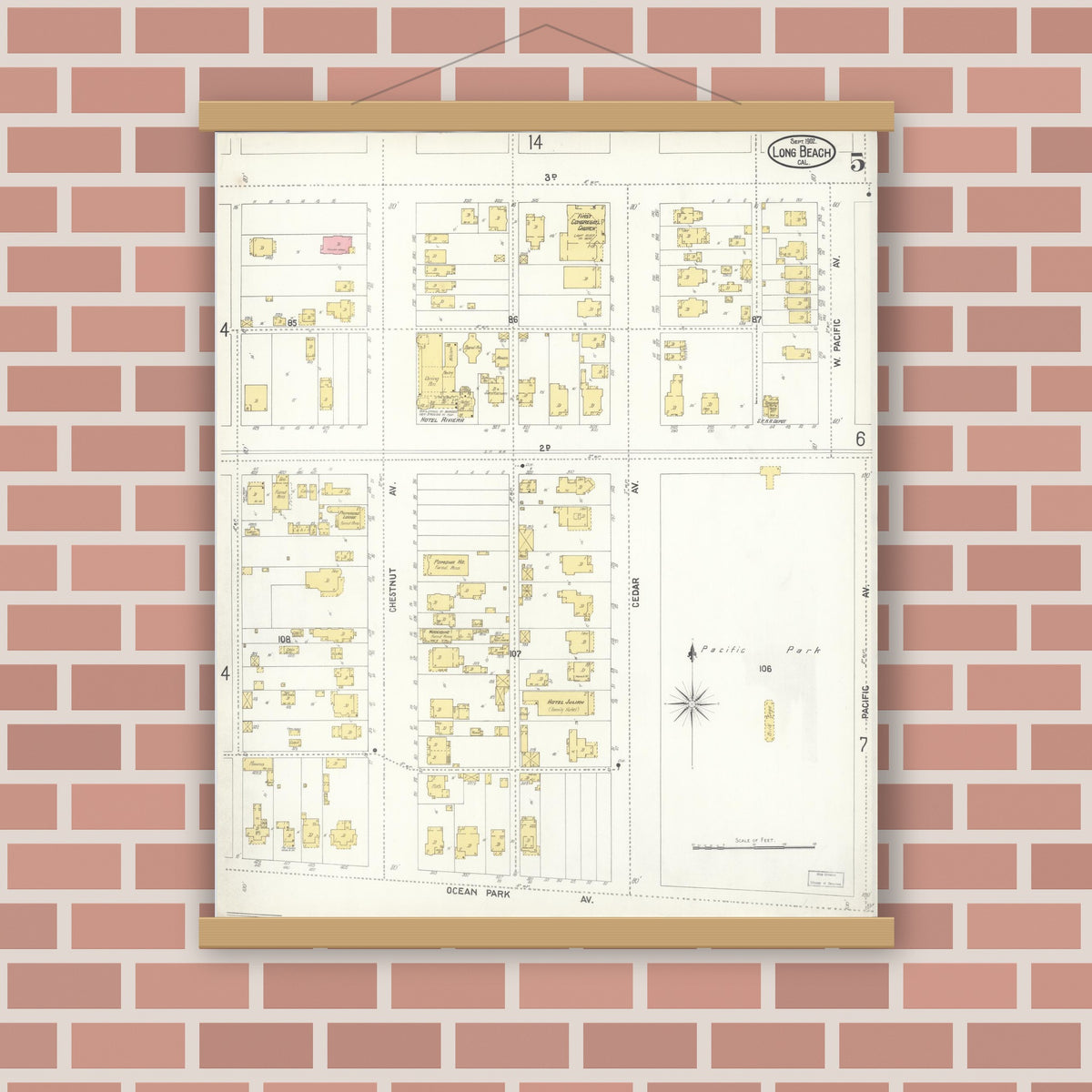 Old map wall art mockup — magnetic wood frame on brick wall — Sanborn Fire Insurance Map from Long Beach, Los Angeles County, California (1902), Sheet #0005