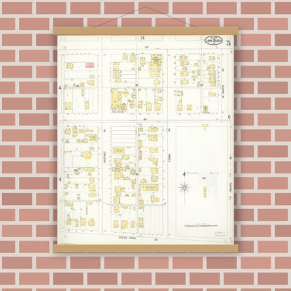 Old map wall art mockup — magnetic wood frame on brick wall — Sanborn Fire Insurance Map from Long Beach, Los Angeles County, California (1902), Sheet #0005