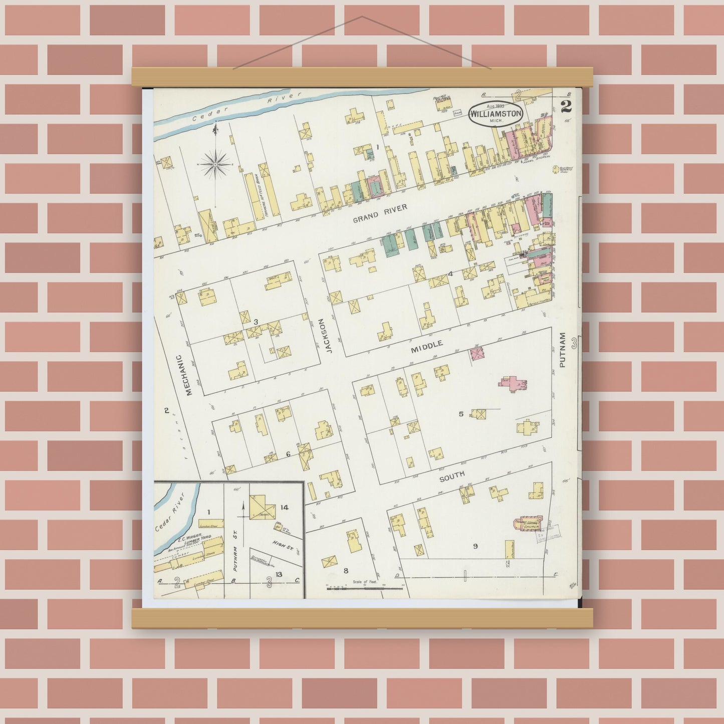 Old map wall art mockup — magnetic wood frame on brick wall — Sanborn Fire Insurance Map from Williamston, Ingham County, Michigan (1893), Sheet #0002