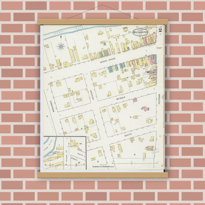 Old map wall art mockup — magnetic wood frame on brick wall — Sanborn Fire Insurance Map from Williamston, Ingham County, Michigan (1893), Sheet #0002
