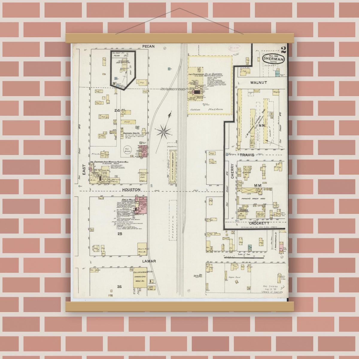 Old map wall art mockup — magnetic wood frame on brick wall — Sanborn Fire Insurance Map from Sherman, Grayson County, Texas (1888), Sheet #0002