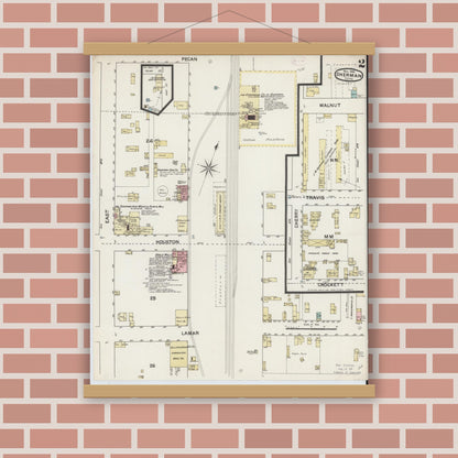 Old map wall art mockup — magnetic wood frame on brick wall — Sanborn Fire Insurance Map from Sherman, Grayson County, Texas (1888), Sheet #0002