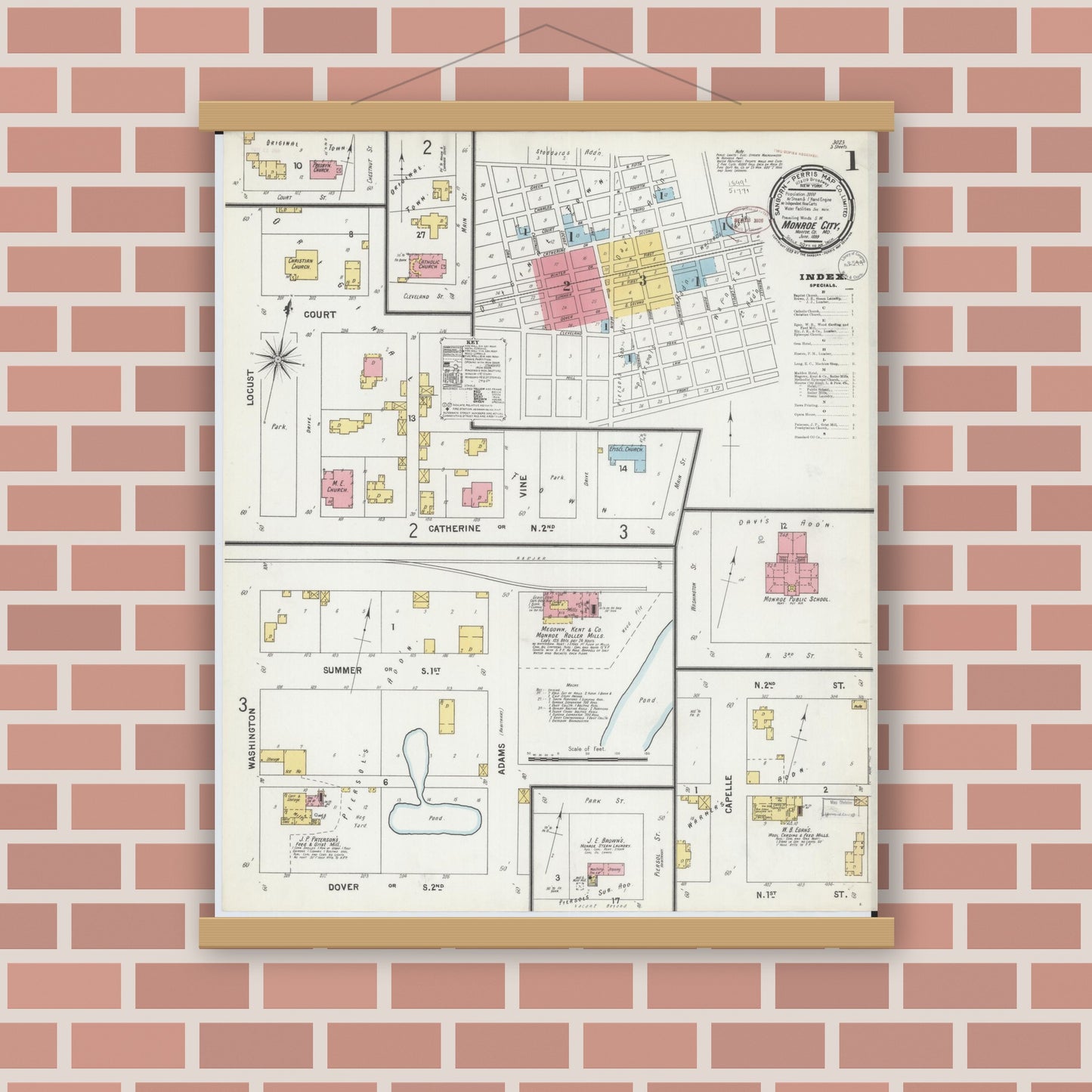 Old map wall art mockup — magnetic wood frame on brick wall — Sanborn Fire Insurance Map from Monroe City, Monroe County, Missouri (1899) - Complete Map Set