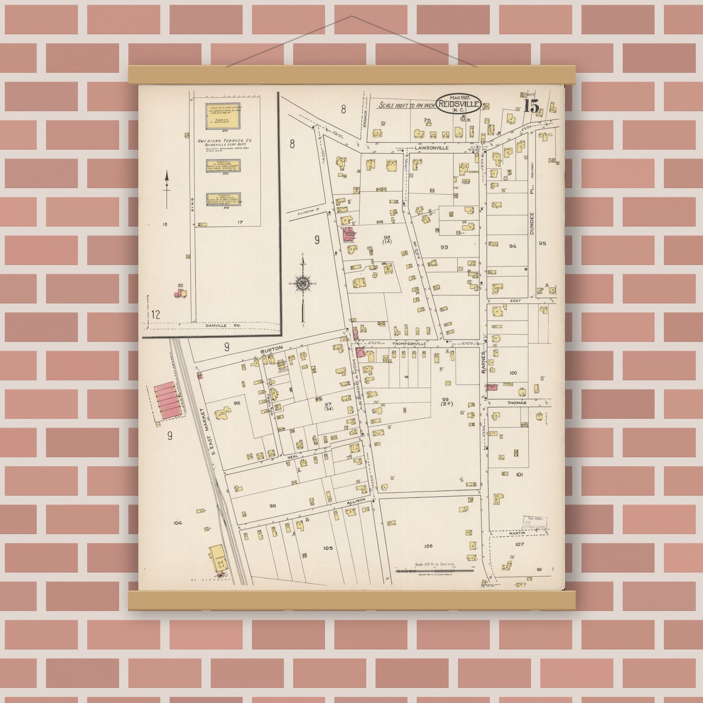 Old map wall art mockup — magnetic wood frame on brick wall — Sanborn Fire Insurance Map from Reidsville, Rockingham County, North Carolina (1922), Sheet #0015