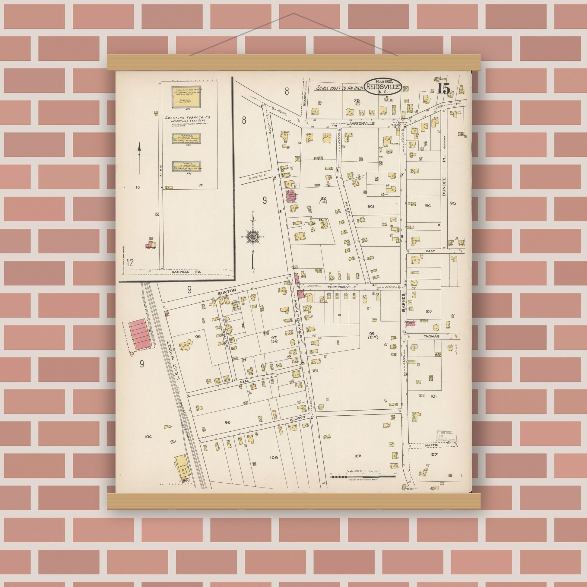 Old map wall art mockup — magnetic wood frame on brick wall — Sanborn Fire Insurance Map from Reidsville, Rockingham County, North Carolina (1922), Sheet #0015