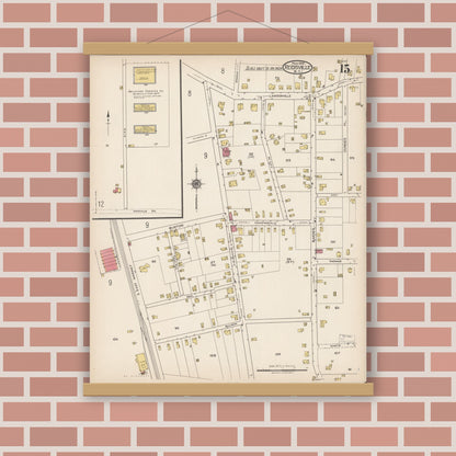 Old map wall art mockup — magnetic wood frame on brick wall — Sanborn Fire Insurance Map from Reidsville, Rockingham County, North Carolina (1922), Sheet #0015