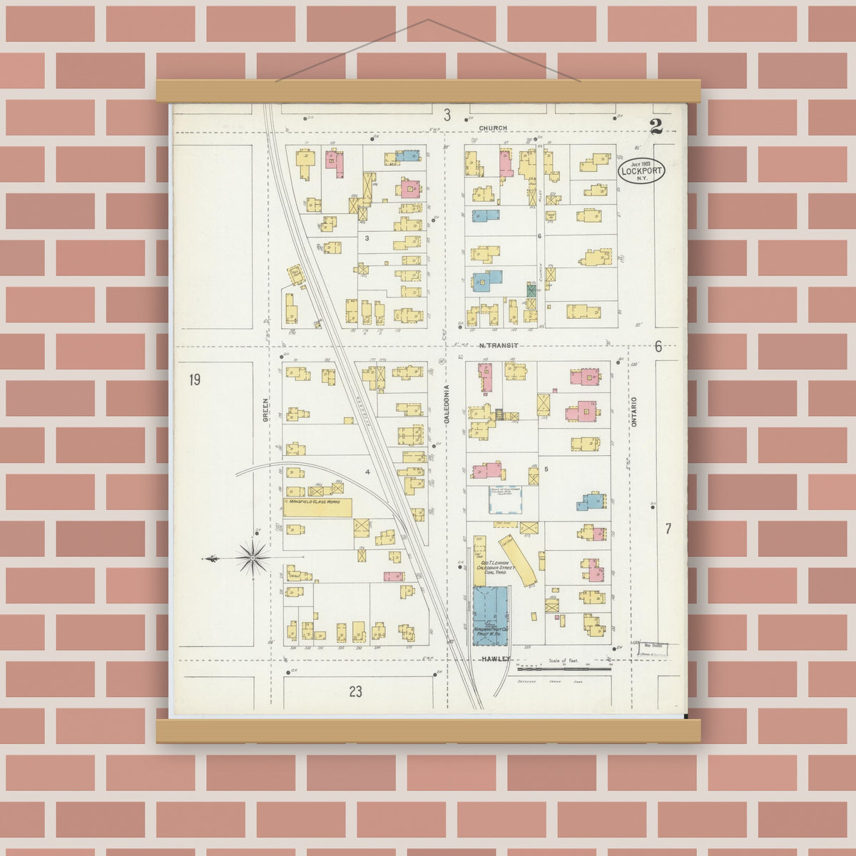 Old map wall art mockup — magnetic wood frame on brick wall — Sanborn Fire Insurance Map from Lockport, Niagara County, New York (1903), Sheet #0002