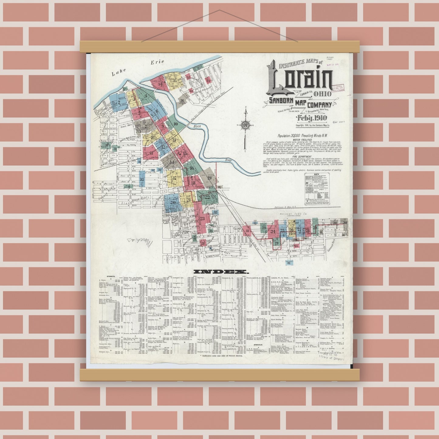 Old map wall art mockup — magnetic wood frame on brick wall — Sanborn Fire Insurance Map from Lorain, Lorain County, Ohio (1910), Sheet #0001