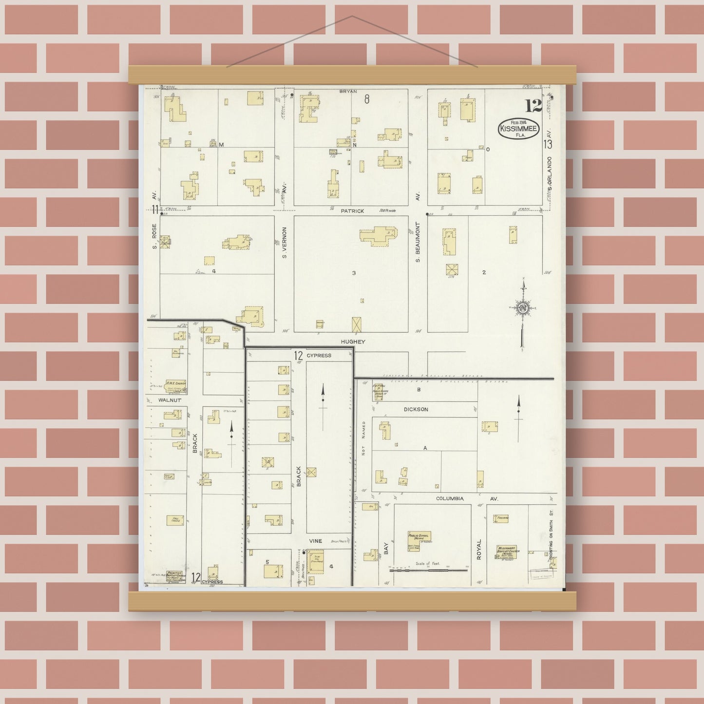 Old map wall art mockup — magnetic wood frame on brick wall — Sanborn Fire Insurance Map from Kissimmee, Osceola County, Florida (1914), Sheet #0012