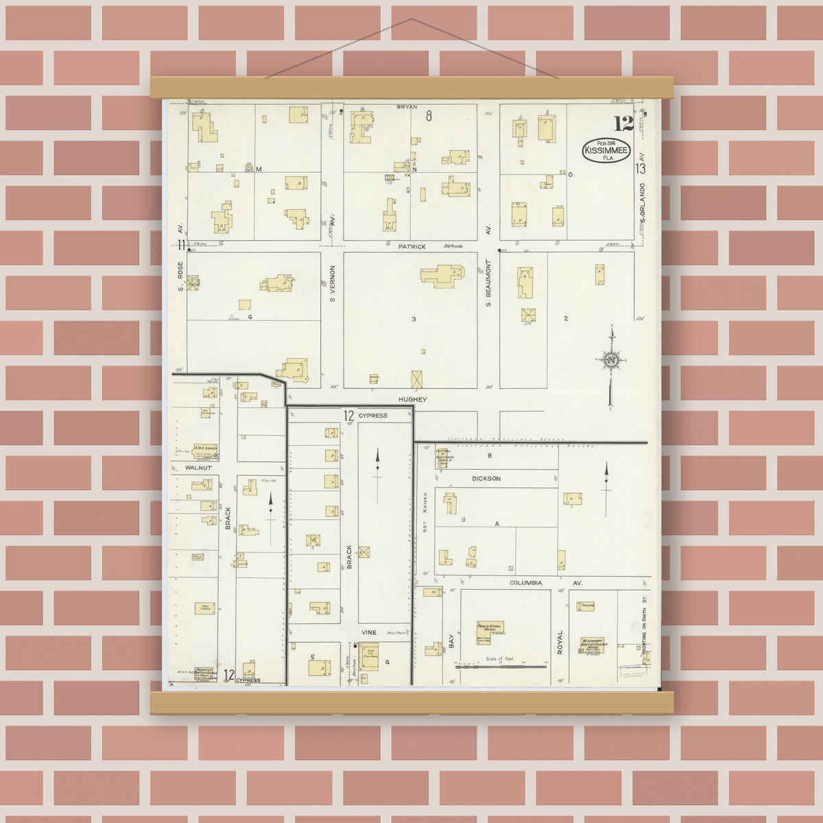 Old map wall art mockup — magnetic wood frame on brick wall — Sanborn Fire Insurance Map from Kissimmee, Osceola County, Florida (1914), Sheet #0012