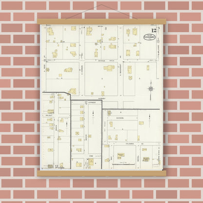 Old map wall art mockup — magnetic wood frame on brick wall — Sanborn Fire Insurance Map from Kissimmee, Osceola County, Florida (1914), Sheet #0012