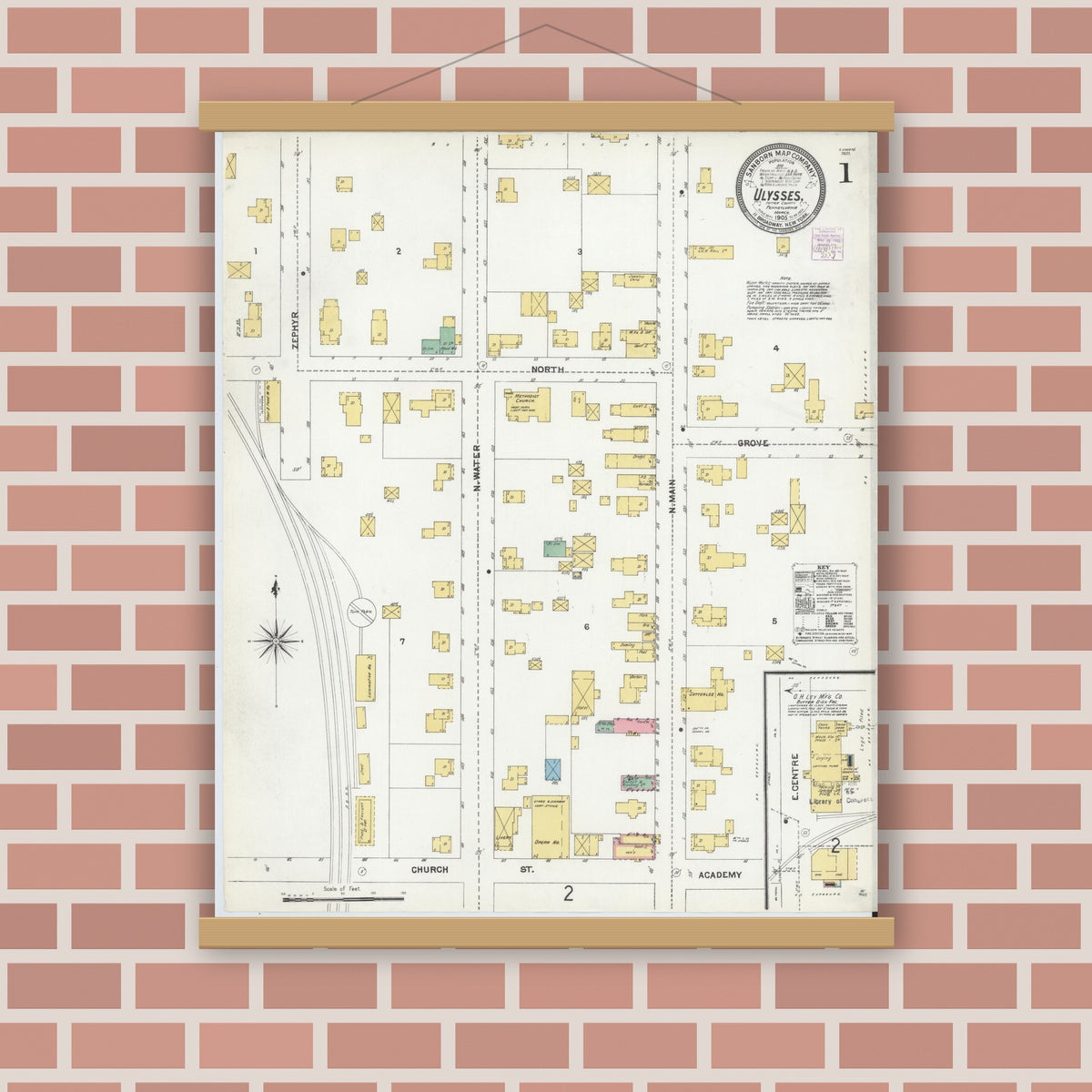 Old map wall art mockup — magnetic wood frame on brick wall — Sanborn Fire Insurance Map from Ulysses, Potter County, Pennsylvania (1905), Sheet #0001