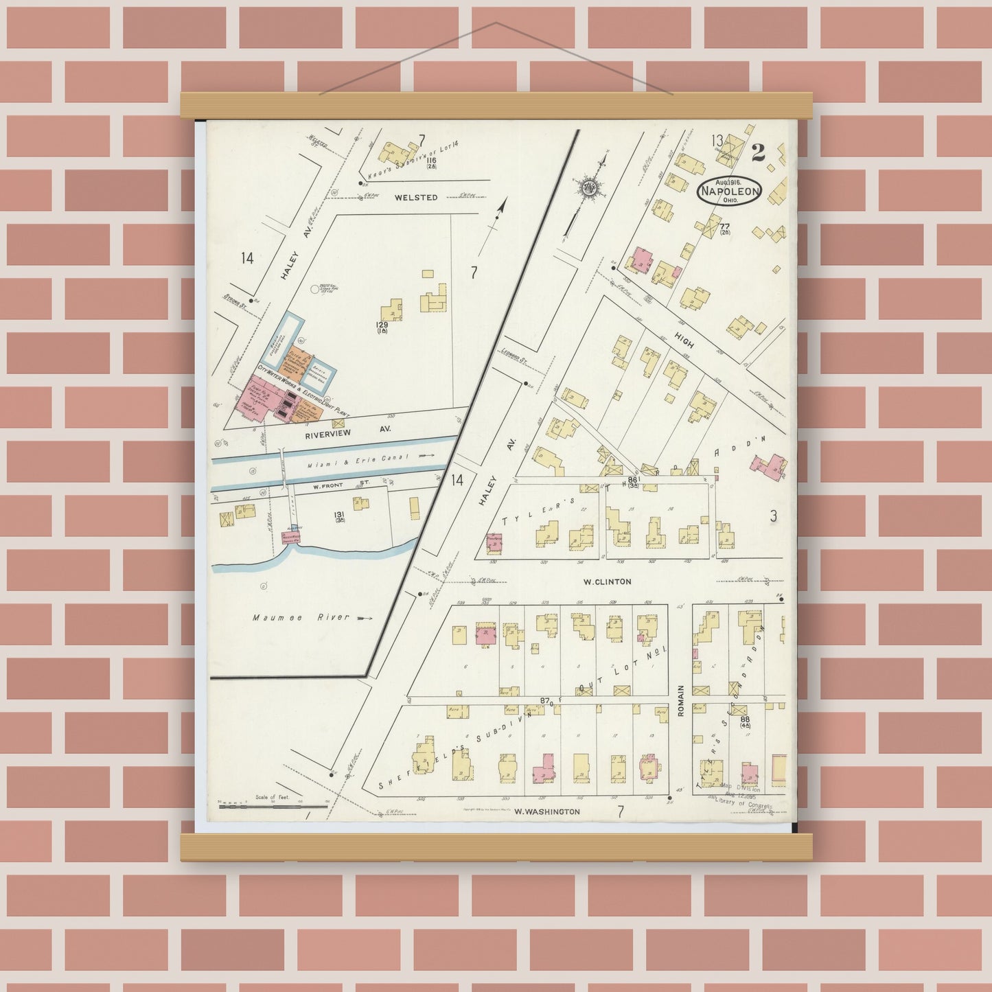 Old map wall art mockup — magnetic wood frame on brick wall — Sanborn Fire Insurance Map from Napoleon, Henry County, Ohio (1916), Sheet #0002