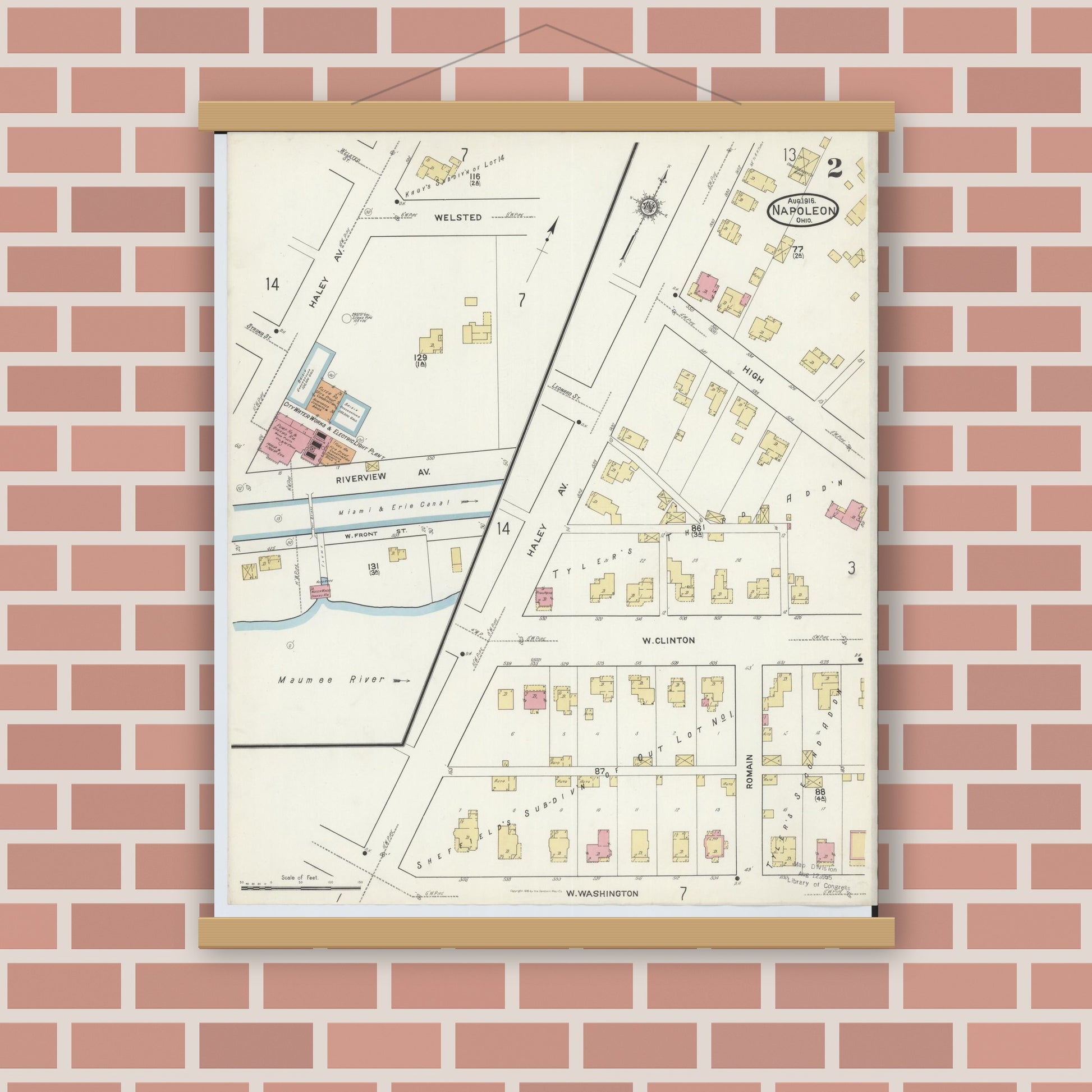 Old map wall art mockup — magnetic wood frame on brick wall — Sanborn Fire Insurance Map from Napoleon, Henry County, Ohio (1916), Sheet #0002