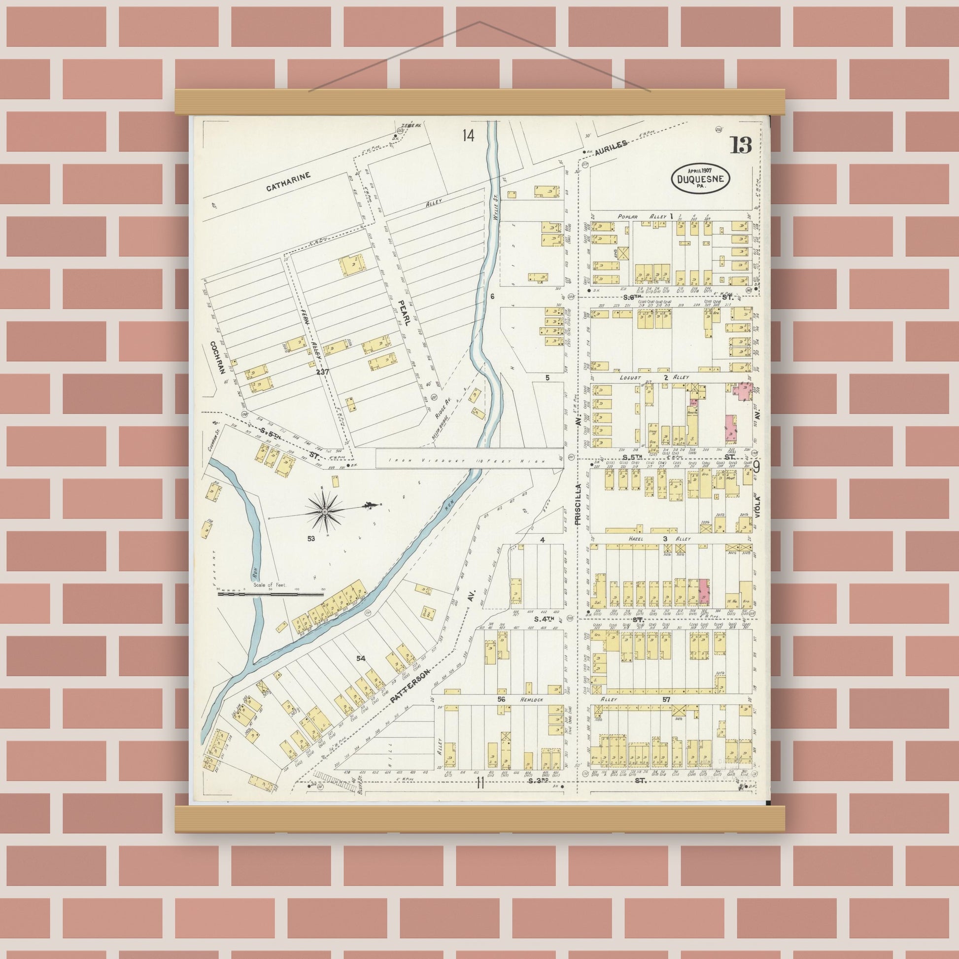 Old map wall art mockup — magnetic wood frame on brick wall — Sanborn Fire Insurance Map from Duquesne, Allegheny County, Pennsylvania (1907), Sheet #0013