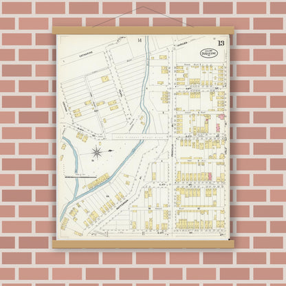 Old map wall art mockup — magnetic wood frame on brick wall — Sanborn Fire Insurance Map from Duquesne, Allegheny County, Pennsylvania (1907), Sheet #0013