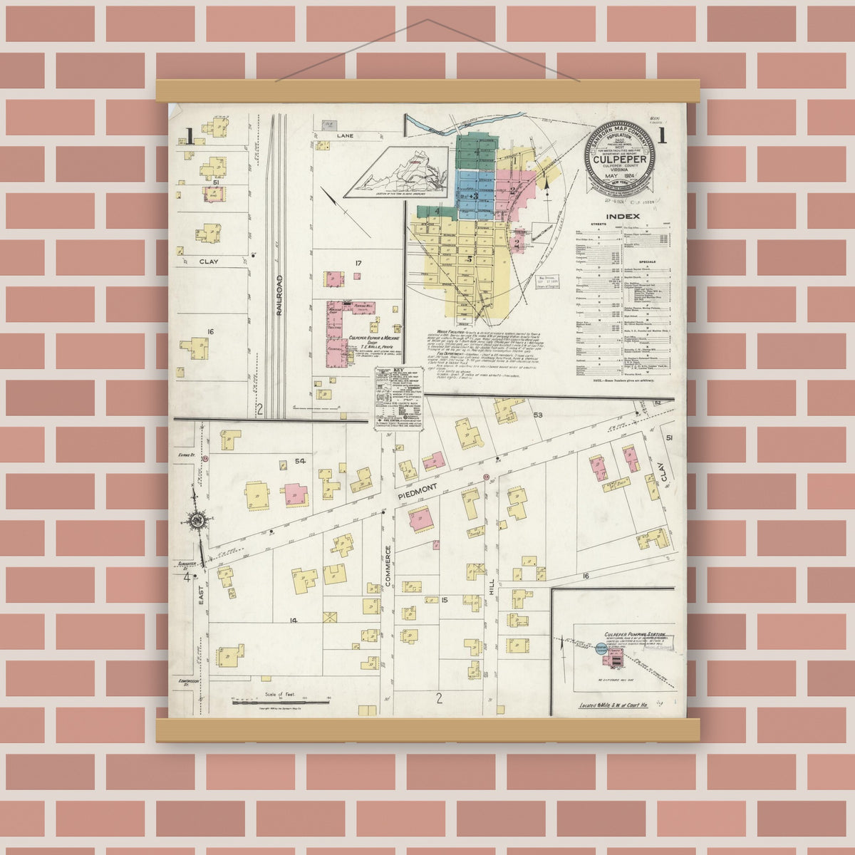 Old map wall art mockup — magnetic wood frame on brick wall — Sanborn Fire Insurance Map from Culpeper, Culpeper County, Virginia (1924), Sheet #0001